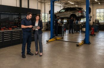 Auto-repair business owner and lender reviewing a loan plan to hire another employee.