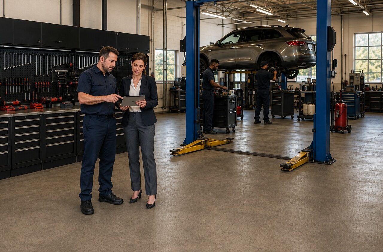 Auto-repair business owner and lender reviewing a loan plan to hire another employee.