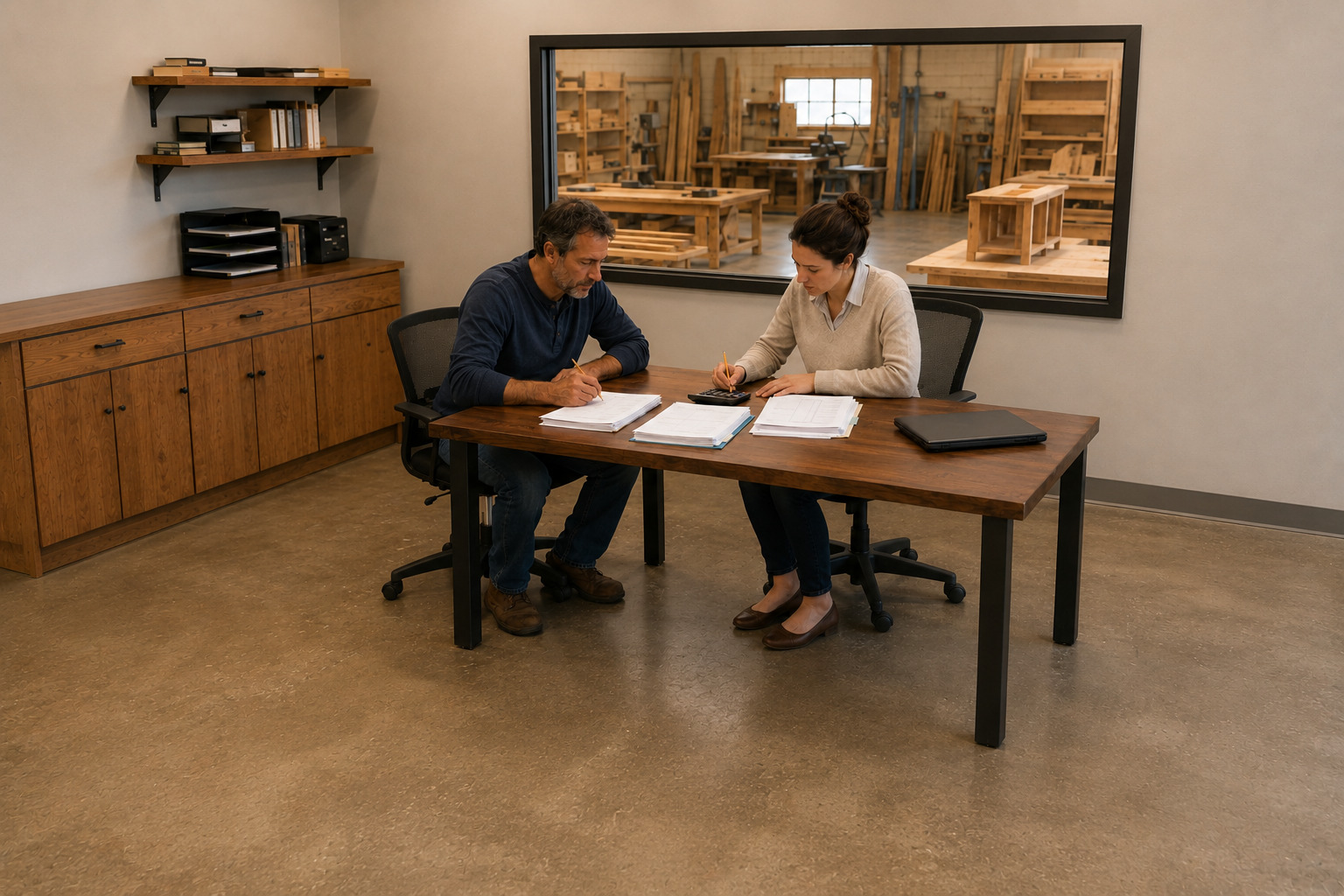 Furniture business owner and accountant calculating inventory, receivable, and payable days from company records.