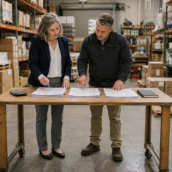 Wholesale business owner and commercial lender reviewing inventory, receivables, and supplier-payment records.