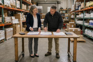 Wholesale business owner and commercial lender reviewing inventory, receivables, and supplier-payment records.