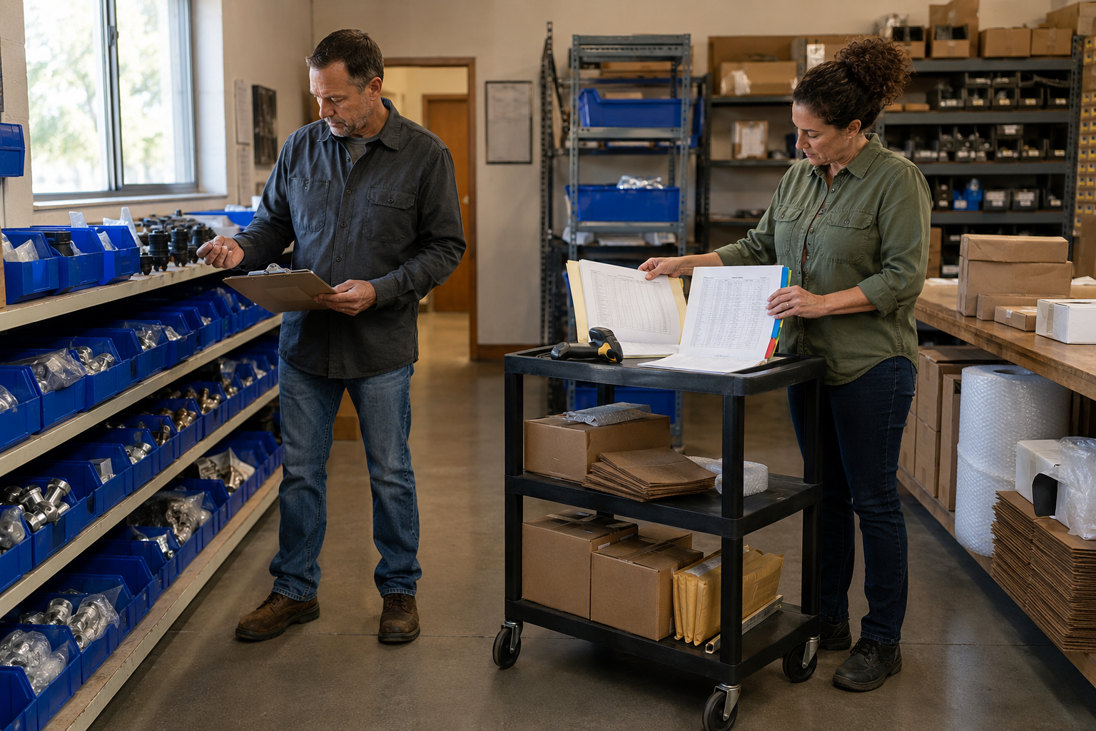 Specialty-parts business owner and operations manager reviewing inventory, receivables, and supplier-payment records.