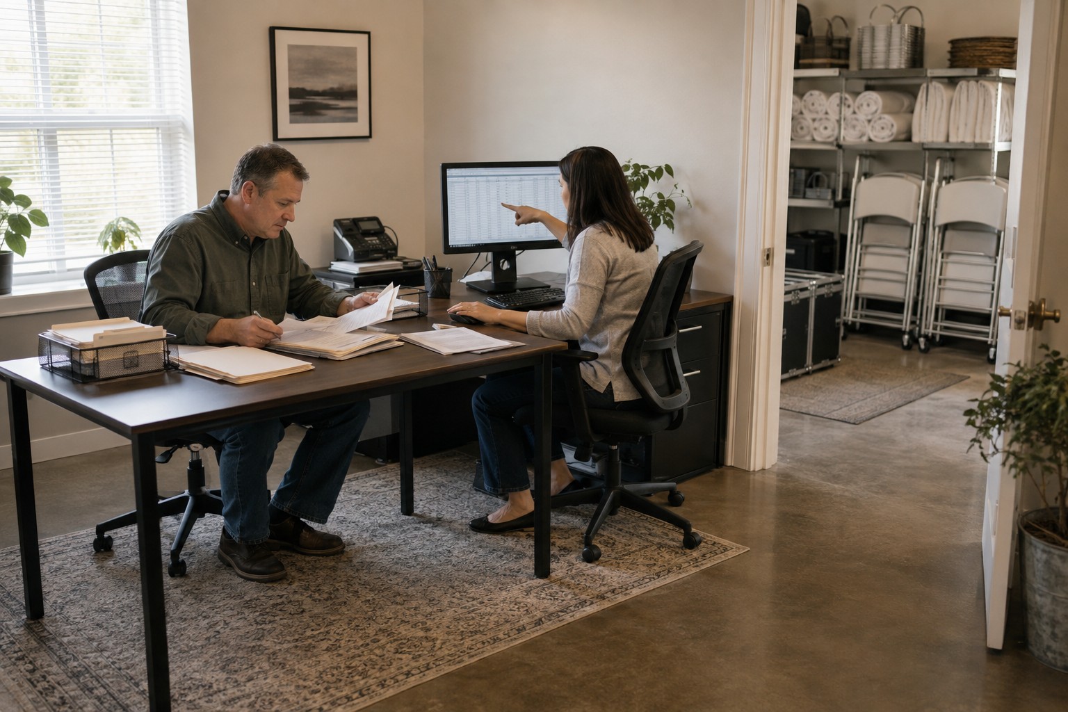 Business owner and bookkeeper reconciling invoices with an accounts receivable aging report.