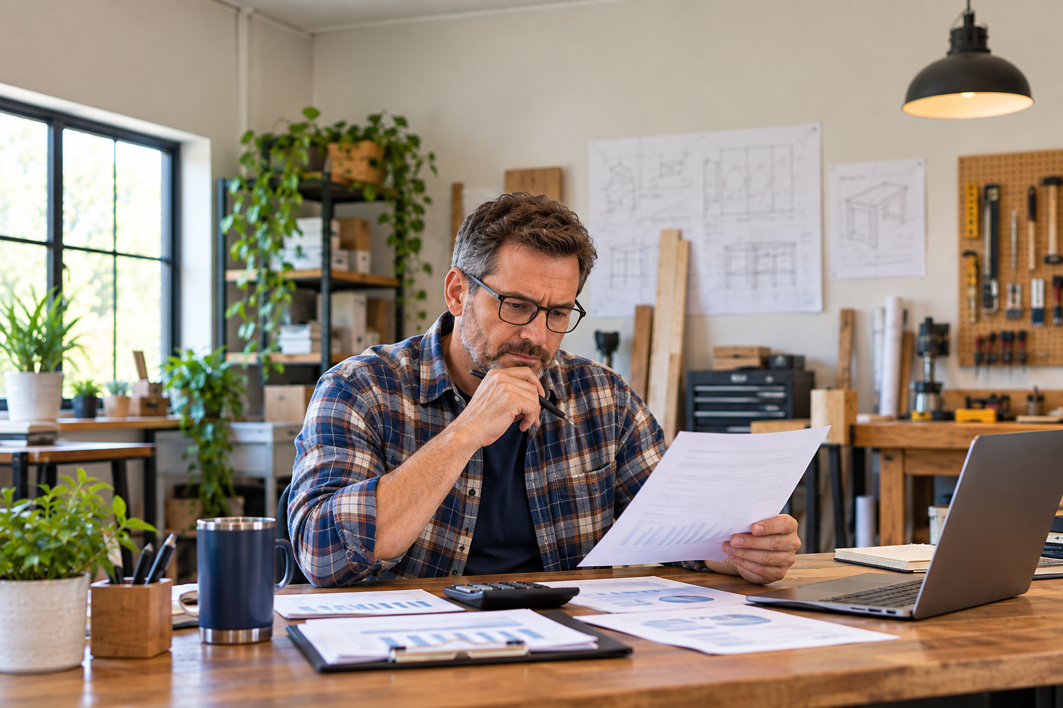 Small business owner reviewing financial records used to calculate borrowing availability