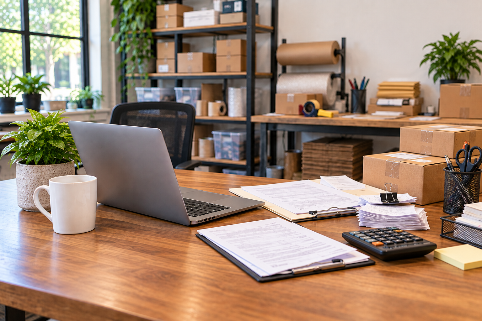 Small business workspace with financial paperwork, laptop, calculator, and shipping supplies