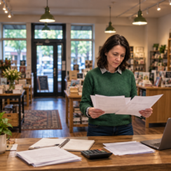 Small business owner reviewing business bank statements in her shop