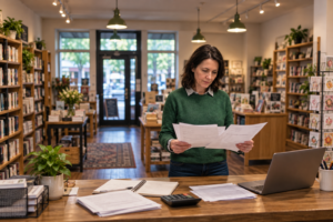 Small business owner reviewing business bank statements in her shop