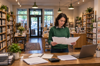 Small business owner reviewing business bank statements in her shop