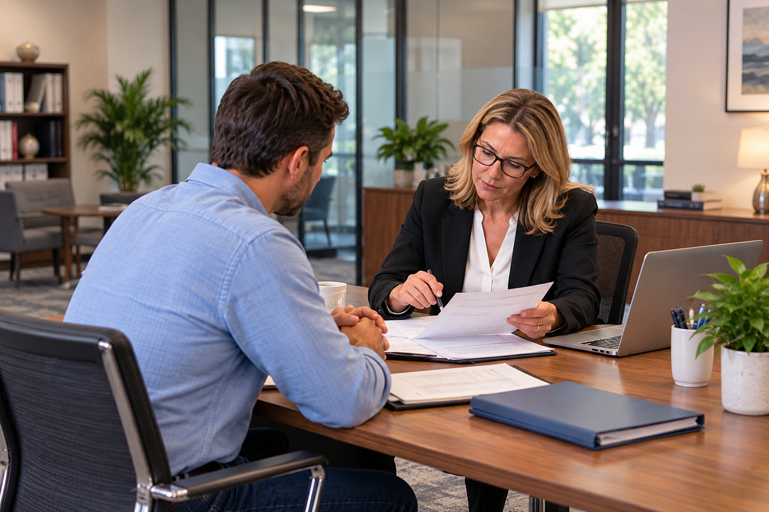 Business lender reviewing financial documents with a small business owner