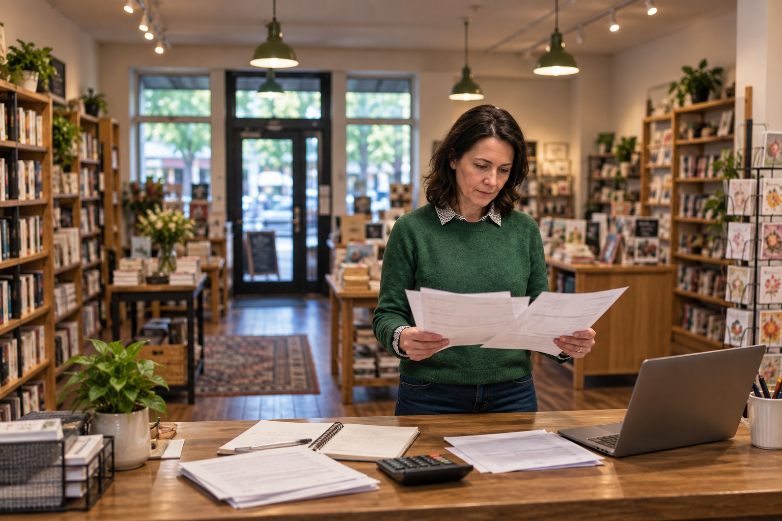 Small business owner reviewing business bank statements in her shop