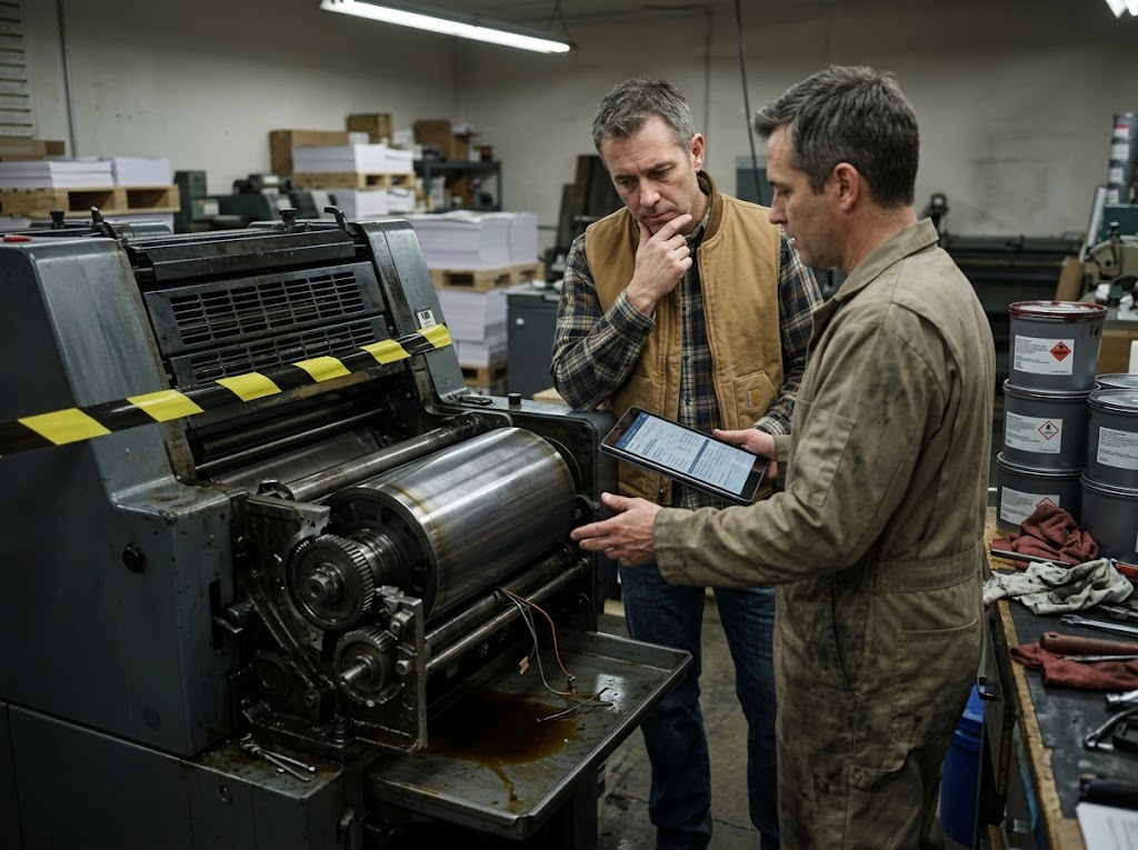 Business owner discussing an unexpected equipment repair while evaluating how the expense could affect debt payments