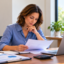 Small business owner reviewing loan documents at her desk before applying for financing.