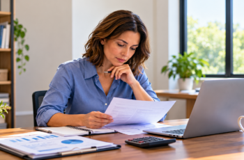 Small business owner reviewing loan documents at her desk before applying for financing.