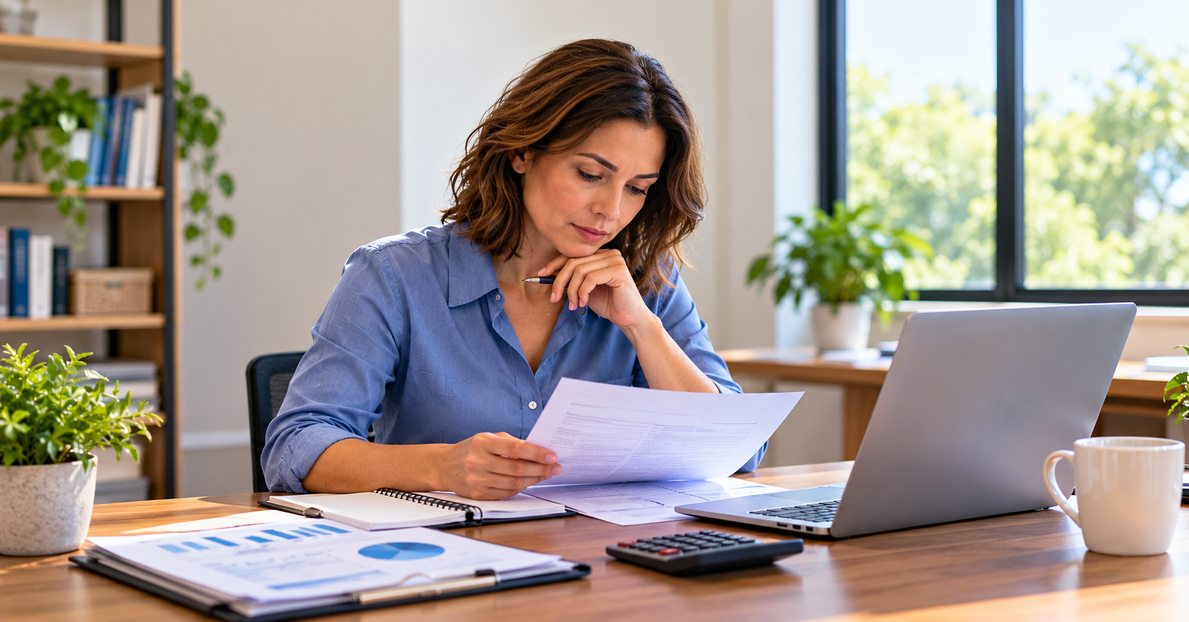 Small business owner reviewing loan documents at her desk before applying for financing.