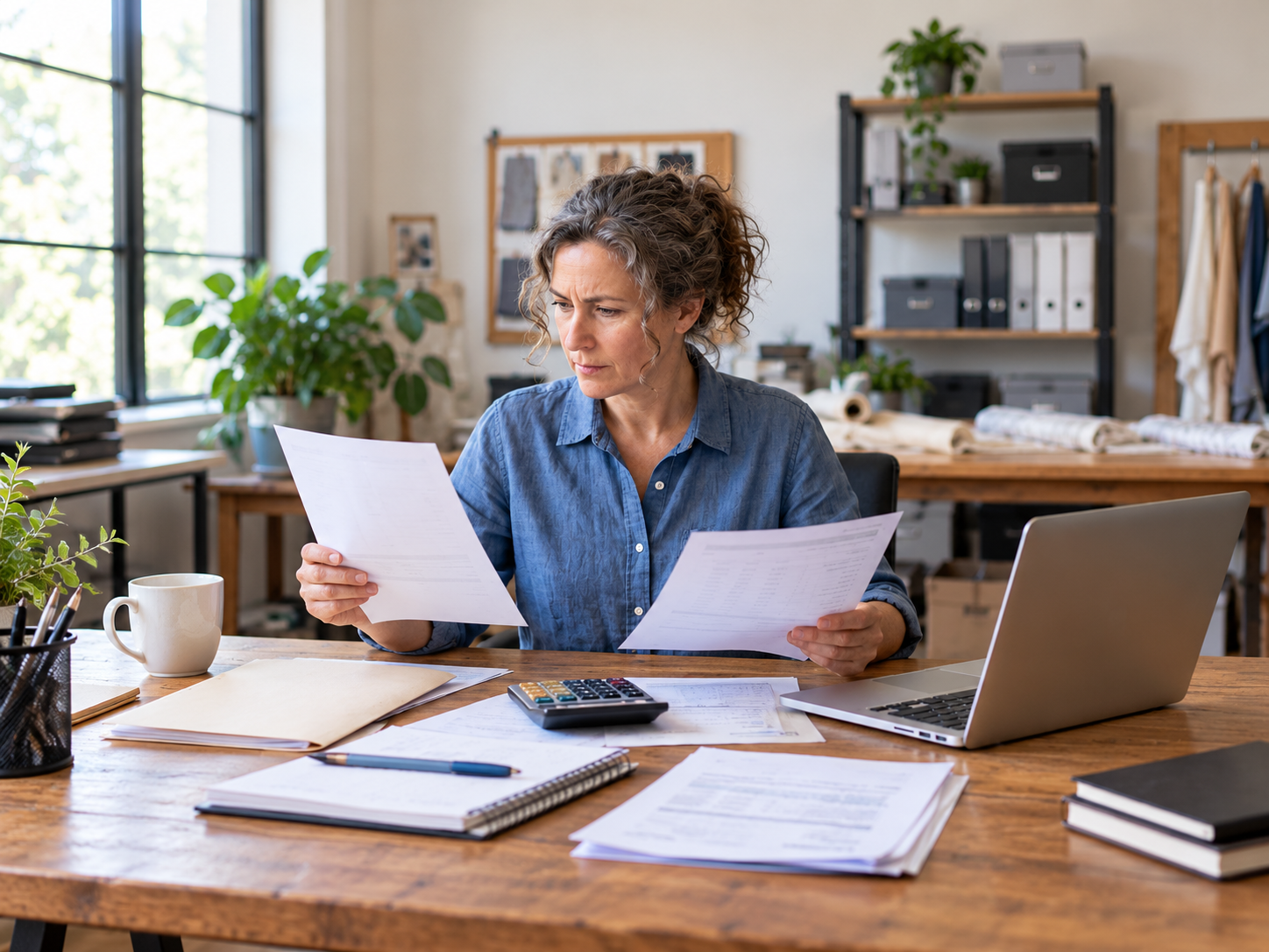 Business owner comparing financial records after a business loan denial