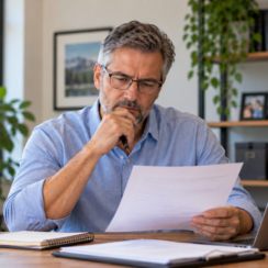 Middle-aged business owner reviewing paperwork after a business loan denial