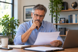 Middle-aged business owner reviewing paperwork after a business loan denial