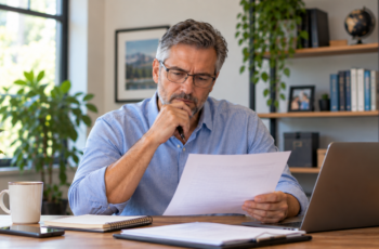 Middle-aged business owner reviewing paperwork after a business loan denial