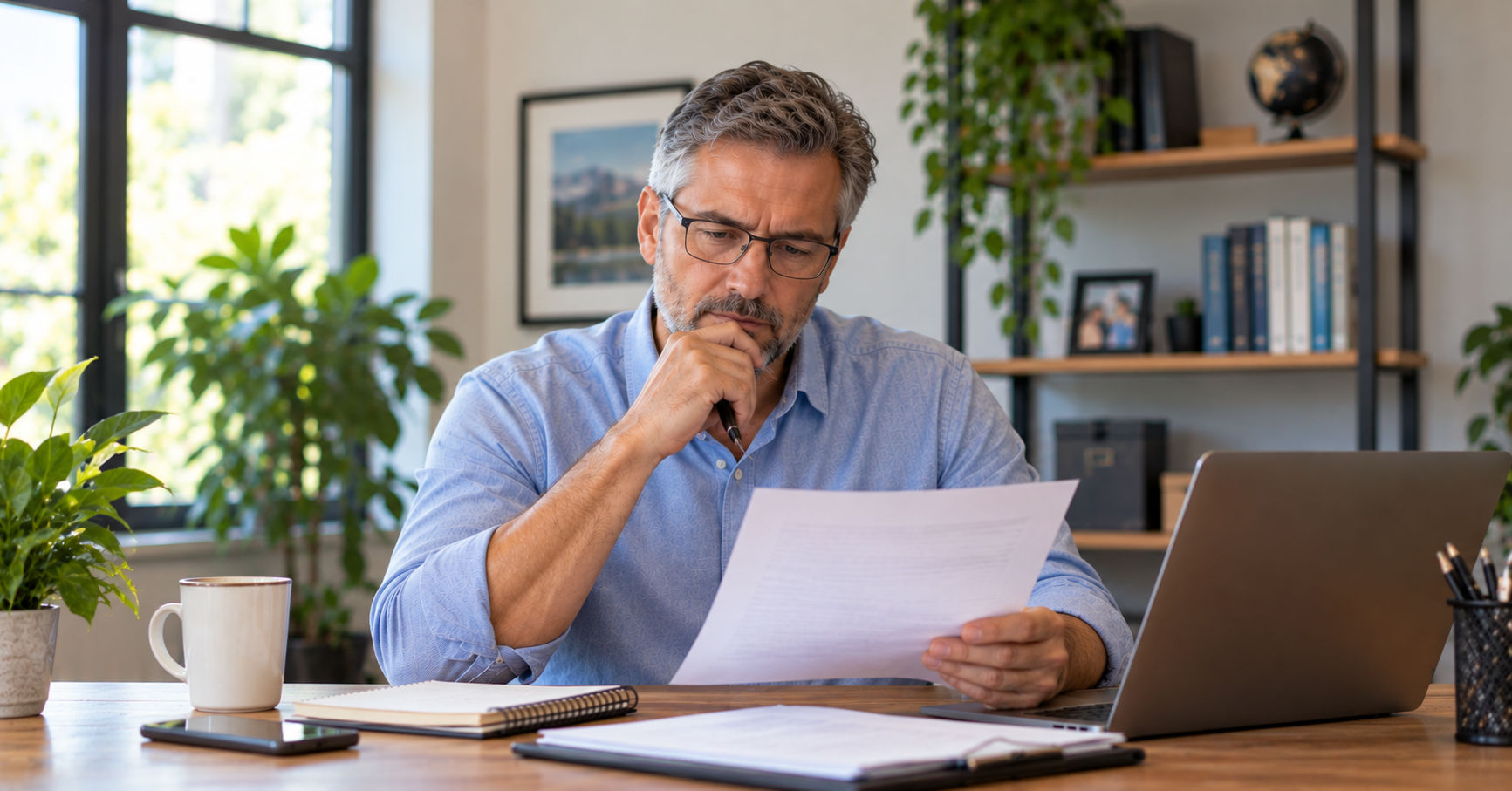 Middle-aged business owner reviewing paperwork after a business loan denial