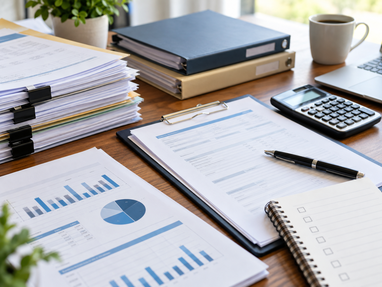 Organized business loan documents, financial records, calculator, and checklist prepared for a loan application.