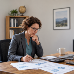 Business owner reviewing cash flow and financial records before deciding how much business debt she can afford
