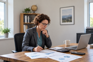 Business owner reviewing cash flow and financial records before deciding how much business debt she can afford