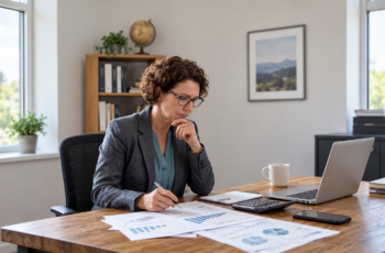 Business owner reviewing cash flow and financial records before deciding how much business debt she can afford
