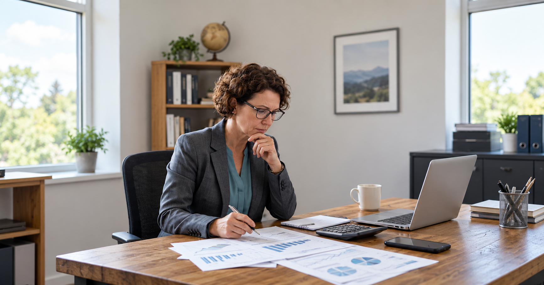 Business owner reviewing cash flow and financial records before deciding how much business debt she can afford