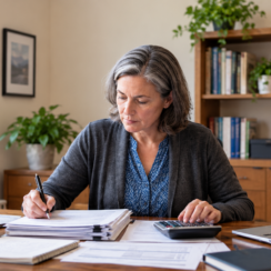 Business owner reviewing interest-only business loan payments at her desk