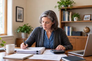Business owner reviewing interest-only business loan payments at her desk