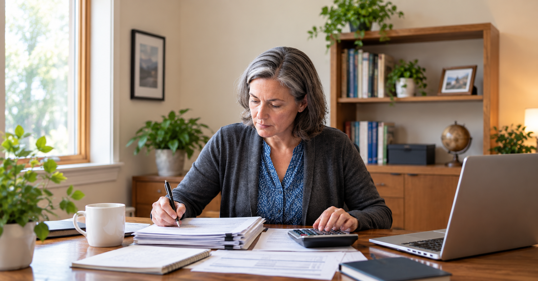 Business owner reviewing interest-only business loan payments at her desk