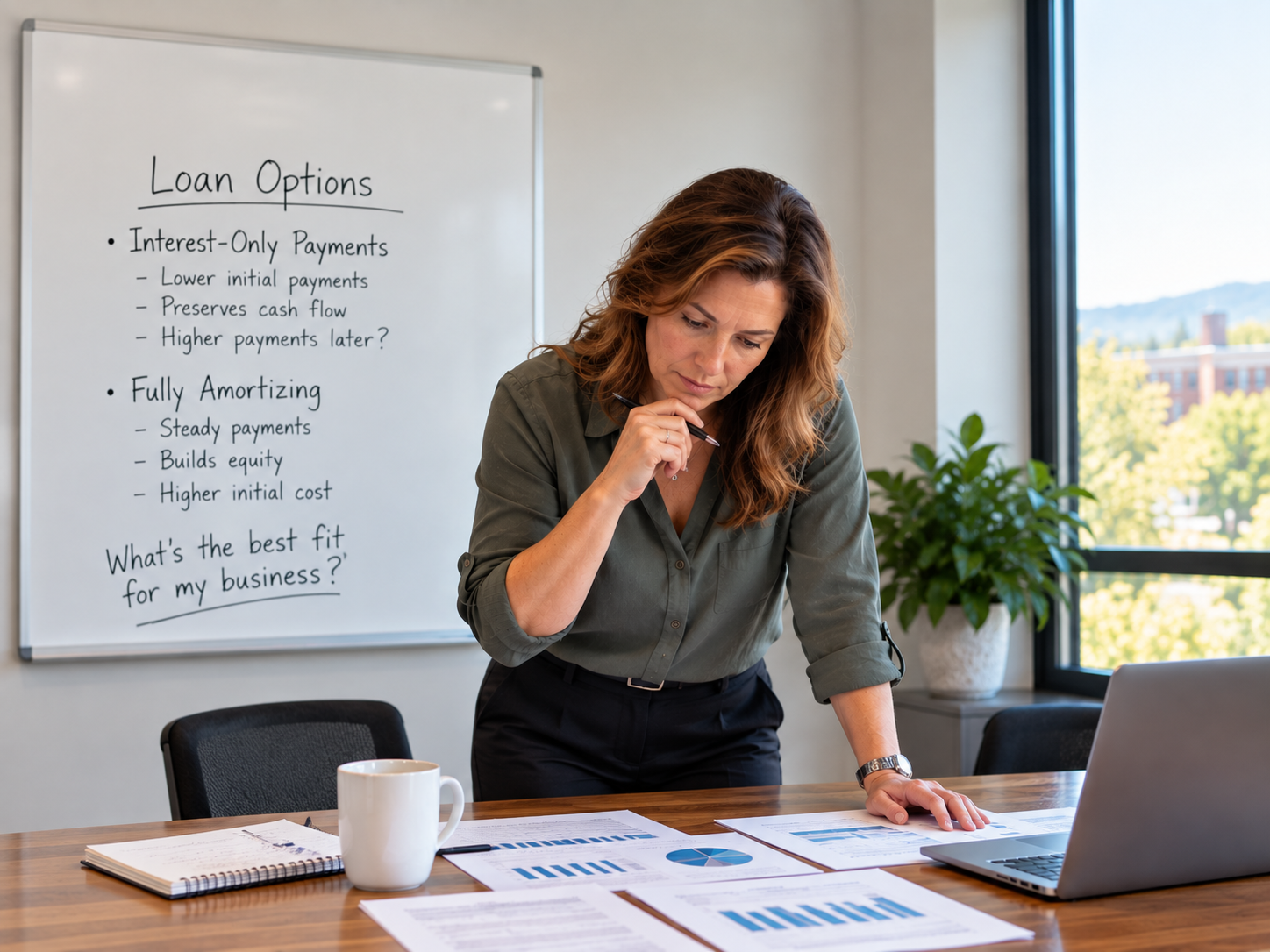 Business owner comparing interest-only and fully amortizing loan payment options