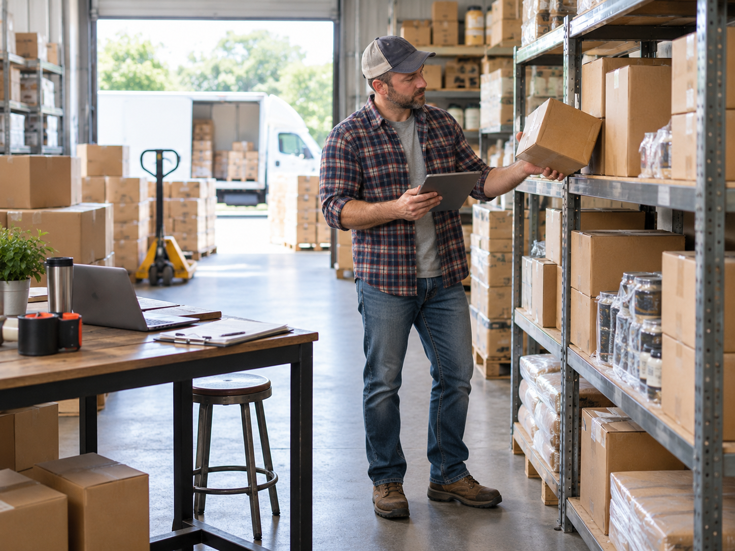 Business owner reviewing inventory that can contribute to poor cash flow