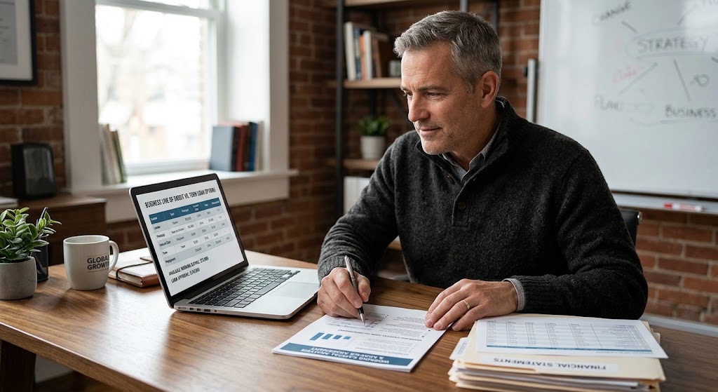 Business owner reviewing revolving line of credit documents and loan options on a desk alongside a laptop.
