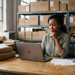 Business owner reviewing finances while strong sales create poor cash flow