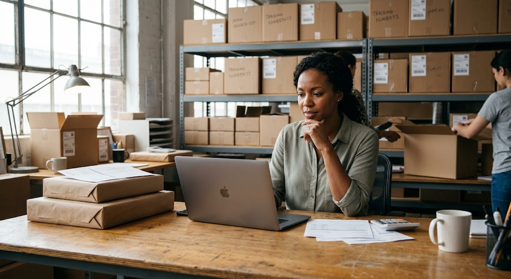 Business owner reviewing finances while strong sales create poor cash flow