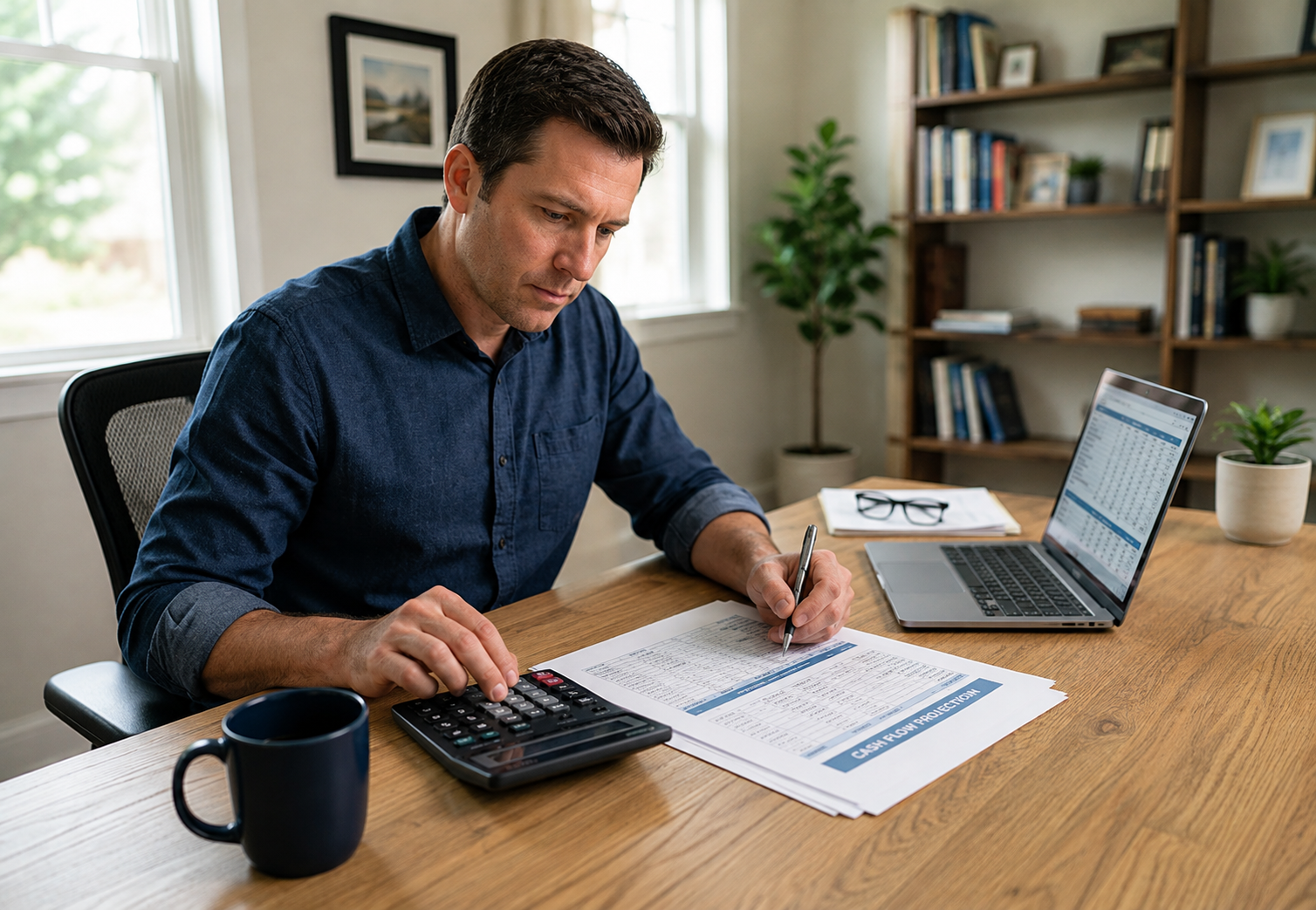 Business owner reviewing a cash flow projection and calculating the impact of a short-term business loan.