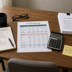 Loan checklist, cash flow projection, calculator, and loan terms arranged on a business owner's desk.