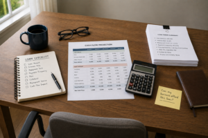 Loan checklist, cash flow projection, calculator, and loan terms arranged on a business owner's desk.