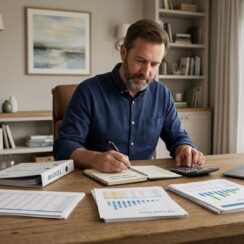 Business owner reviewing cash flow, invoices, and financial records to determine how much working capital the business needs.