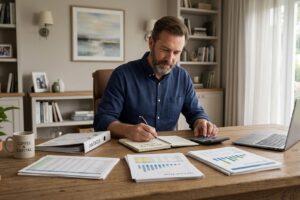 Business owner reviewing cash flow, invoices, and financial records to determine how much working capital the business needs.