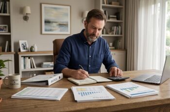Business owner reviewing cash flow, invoices, and financial records to determine how much working capital the business needs.