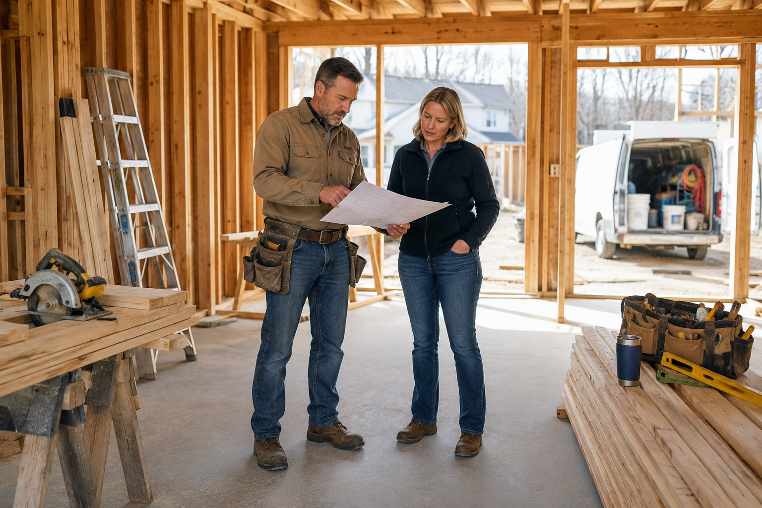 Small-business contractor reviewing an active job site where labor and materials must be paid before customer payments arrive.