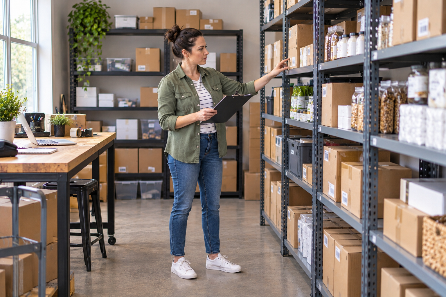 Small-business owner checking inventory levels in a stockroom to manage working capital and cash tied up in products.