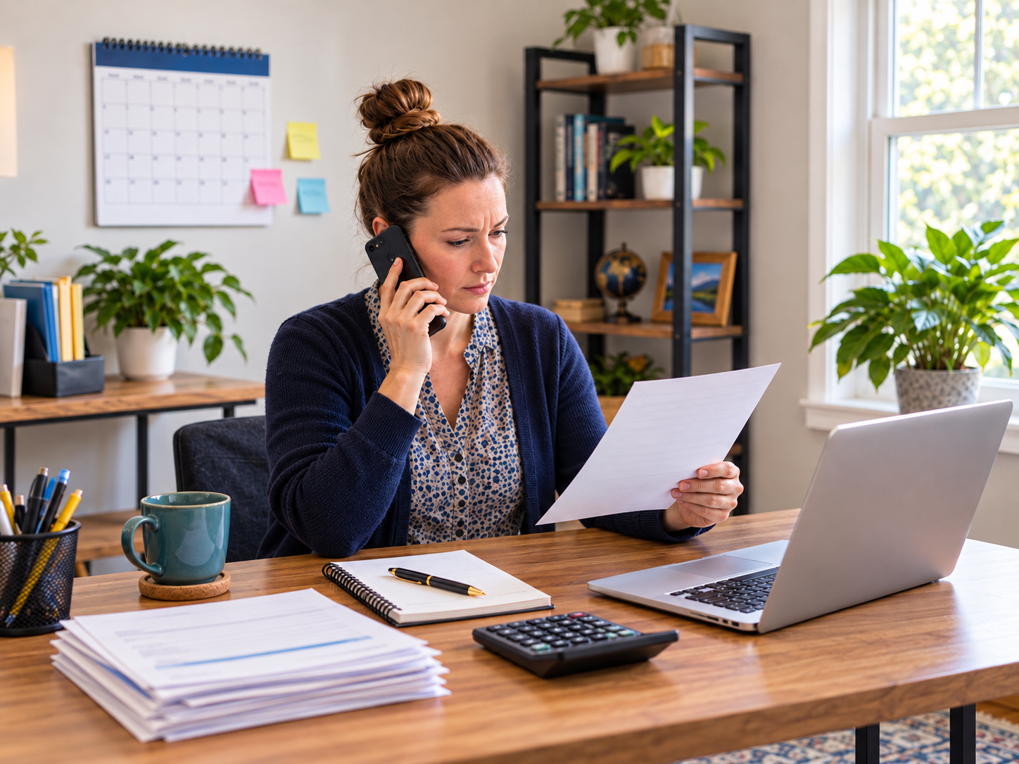 Small-business owner reviewing an invoice while following up with a customer about payment