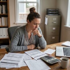 Small-business owner reviewing loan statements, cash-flow documents, and expenses at her desk