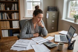 Small-business owner reviewing loan statements, cash-flow documents, and expenses at her desk