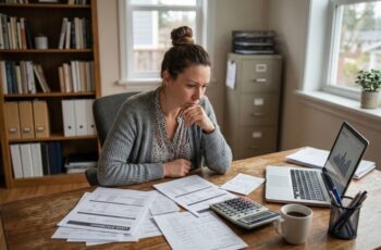 Small-business owner reviewing loan statements while trying to break the cycle of financing dependence