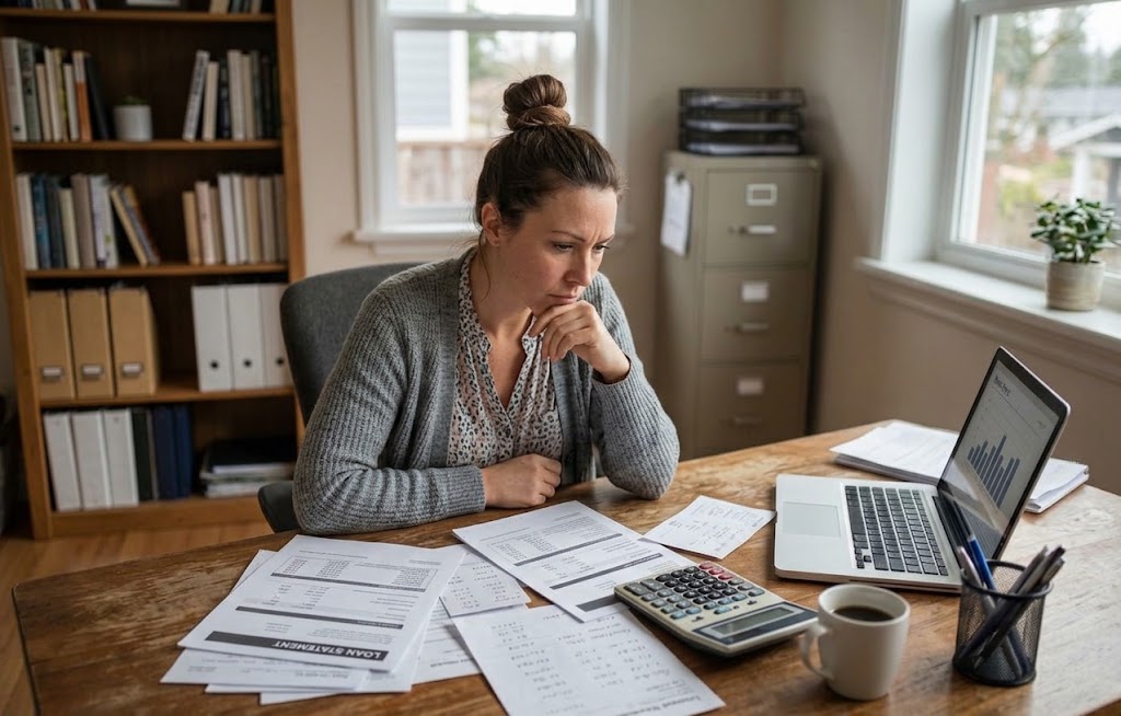 Small-business owner reviewing loan statements, cash-flow documents, and expenses at her desk