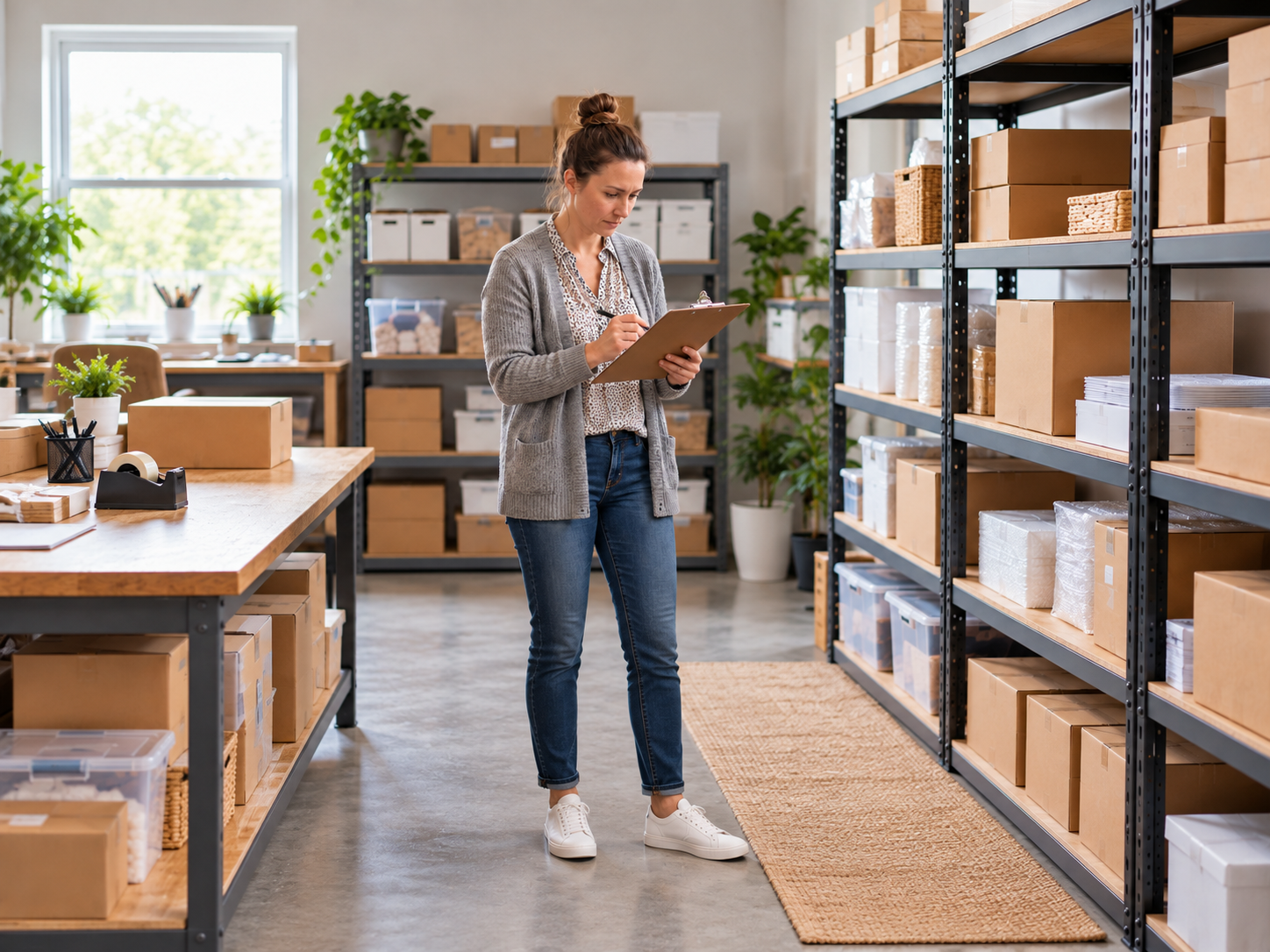 Small-business owner checking inventory levels while planning future financing needs